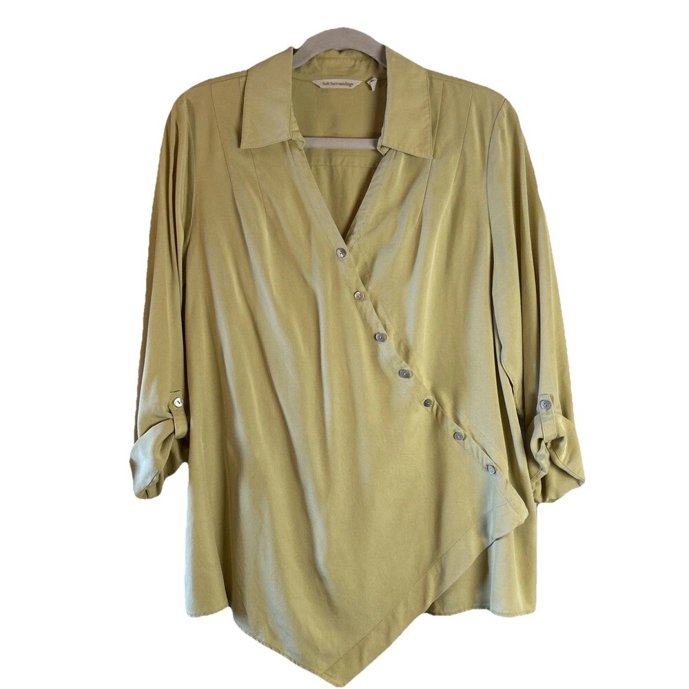 Soft Surroundings Asymmetrical Washed Tencel Tunic Top Lime Green Petite Large